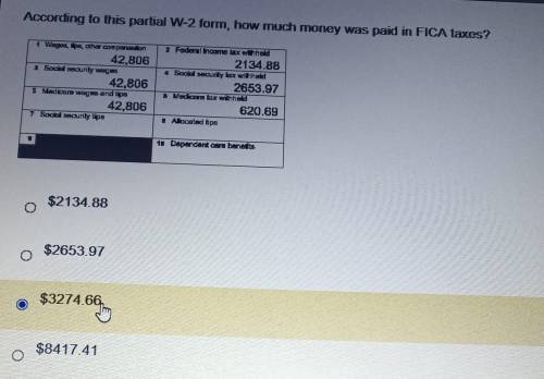 According to this partial W-2 form, how much money was paid in FICA taxes?​