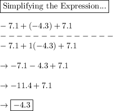 \boxed{\text{Simplifying the Expression...}}\\\\-7.1+(-4.3)+7.1\\--------------\\\righarrow -7.1 +1(-4.3)+7.1\\\\\rightarrow -7.1 - 4.3 +7.1\\\\\rightarrow -11.4 + 7.1\\\\\rightarrow \boxed{-4.3}