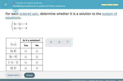 For each ordered pair, determine whether it is a solution to the system of equations.
