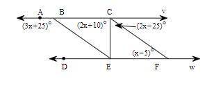 Lines v and w appear to be parallel in the diagram. Use the angles in ΔCEF to find what value of x