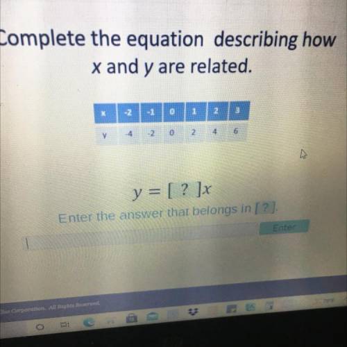 Please help

Complete the equation describing how
x and y are related.
-2
-1
0
1
2
3
y
-4
-2
0
2
4