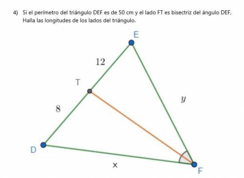 4) Si el perímetro del triángulo DEF es de 50 cm y el lado FT es bisectriz del ángulo DEF, Halla la