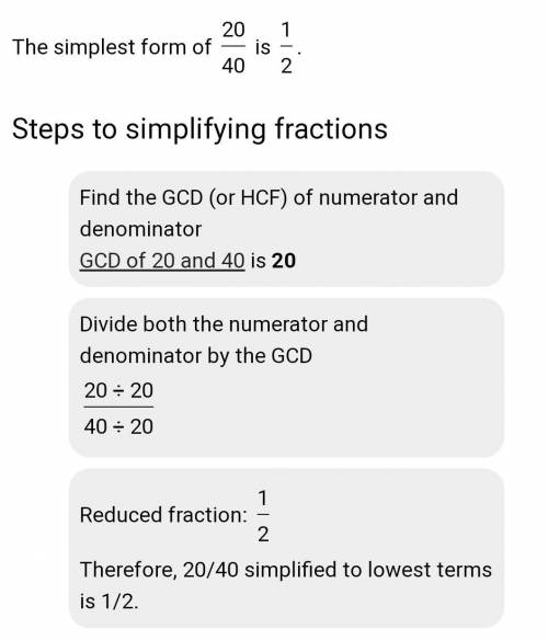 The fraction '' 20/40'' is the same as ___+ which reduces to__