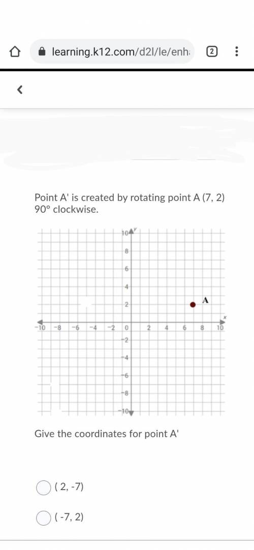 Point A' is created by rotating point A (7, 2) 90° clockwise.