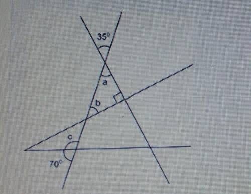 (05.05 MC) What are the measures of Angles a, b, and c? Show your work and explain your answers.​