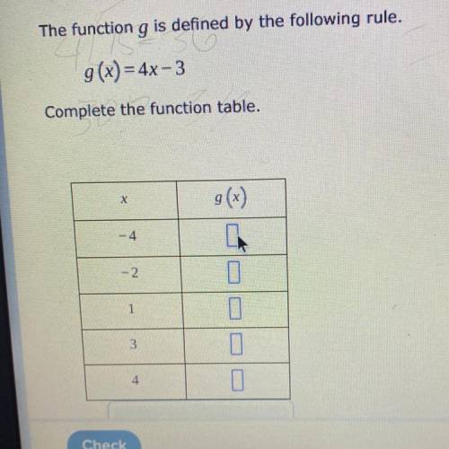 The function g is defined by the following rule.

g(x) = 4x-3
Complete the function table.
FASTEST