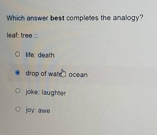 Which answer best completes the analogy? leaf: tree :: O life: death drop of water: ocean joke: lau