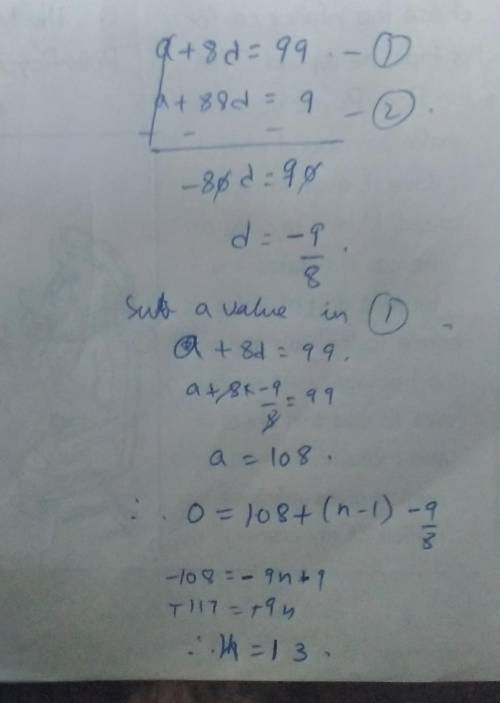 If 9th term ofap is 99 and 99th term is 9 which term is zero]​