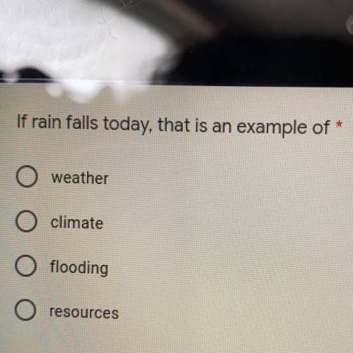 If rain falls today, that is an example of

A. weather
B. climate
C. flooding
D. resources