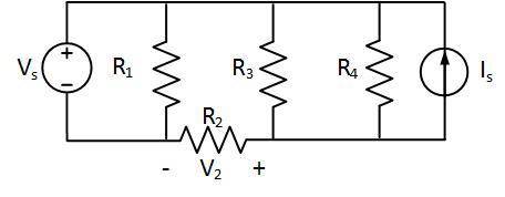 In the circuit below, V_S = 8 V, R_1=100 ohm, R_2=200 ohm, R_3=300 ohm, R_4=600 ohm, and I_S=10 mA.