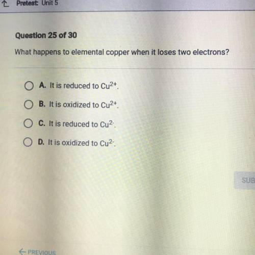 What happens to elemental copper when it loses two electrons?

A.It is reduced to Cu2+.
B. It is o