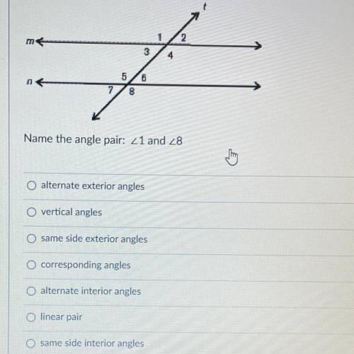 Question 1,Name the angle pair 1 and 8
(In picture)