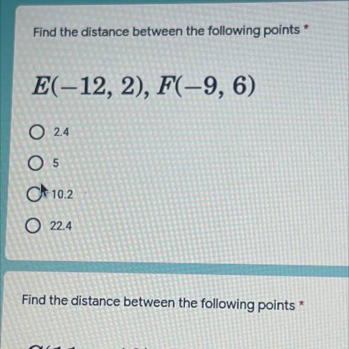 Find the distance between the following points
E(-12, 2), F(-9, 6)