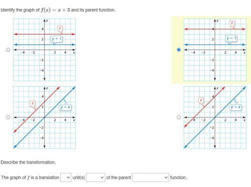 Identify the graph of f(x)=x+3 and its parent function.

Question 2
Describe the transformation.
T