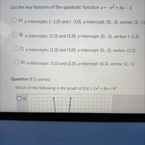 List the key features of the quadratic function y = -x2 + 4x - 3.