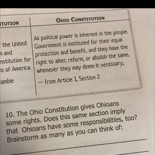 Helppppp pls 10. The Ohio Constitution gives Ohioans

some rights. Does this same section impl