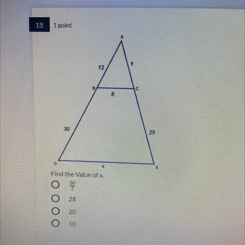 Find the value of X.
A. 50/7
B. 28
C. 20
D. 10