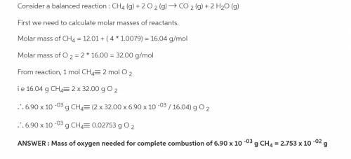 What mass of oxygen is needed for the complete combustion of 6.90x10-3g of methane?
Svane