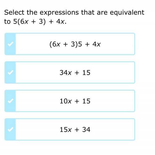 Select the expressions that are equivalent to 5(6x+3)+4x.