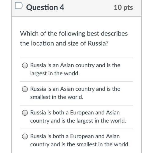 Which of the following best describes the location and size of Russia?