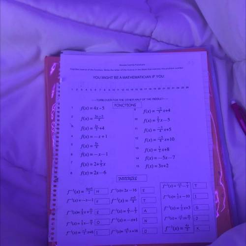 find the inverse of the function. write the letter of the inverse in the blank that matches the pro