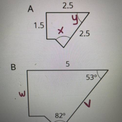B. Determine the measure of each angle marked with x and y in Polygon A.