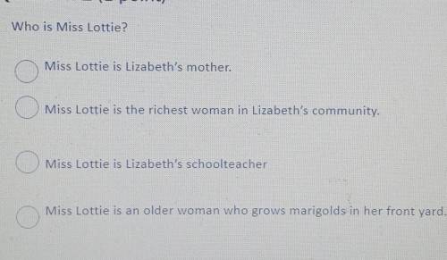 Who is Miss Lottie? Miss Lottie is Lizabeth's mother. Miss Lottie is the richest woman in Lizabeth'