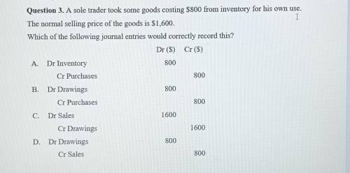 Question 3. A sole trader took some goods costing $800 from inventory for his own use. The normal s