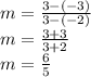 m = \frac{3 -(-3)}{3 -(-2)} \\ m = \frac{3 +3}{3 +2} \\ m = \frac{6}{5}