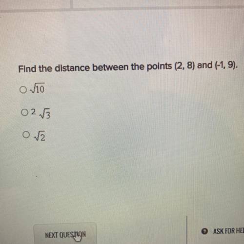Find the distance between the points (2,8) and (-1,9).