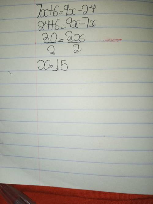 7x+6=9x-24

How do you solve for x? I typed this in multiple ways and it just said 99/8 which isn’t