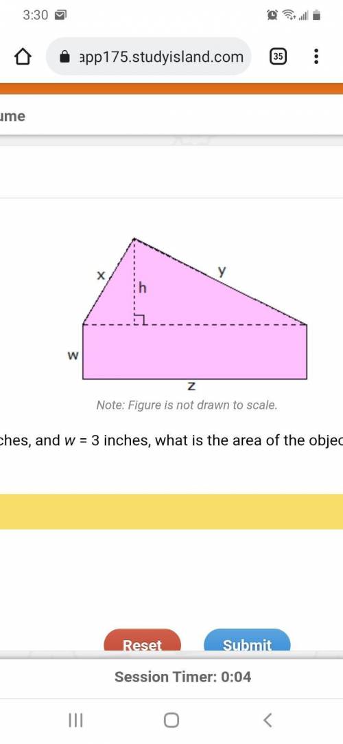 If y = 12 inches, z = 17 inches, h = 5 inches, and w = 4 inches, what is the area of the object
