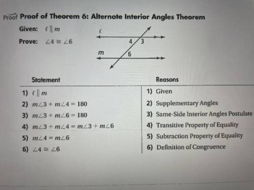 Proof of theorem 6: alternate interior angles theorem 
Statements Reasons