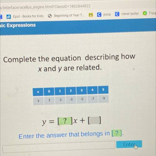 Complete the equation describing how x and y are related.