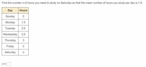 Find the number n of hours you need to study on Saturday so that the mean number of hours you study