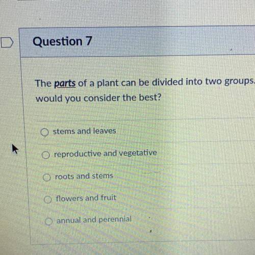 The parts of a plant can be divided into two groups. Which of the following choices

would you con