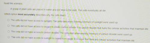 A group of plant cells are placed in water an are kept in the dark.The cells eventually all die.