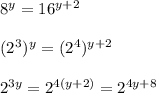 8^y = 16^{y+2} \\\\ (2^3)^y = (2^4)^{y+2} \\\\ 2^{3y} = 2^{4(y+2)} = 2^{4y+8}