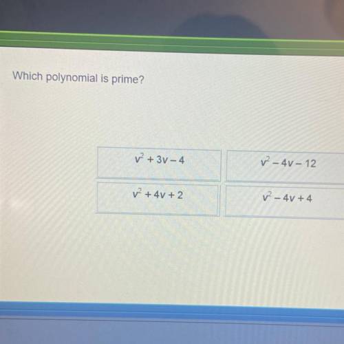 Which polynomial is prime?
v + 3v-4
v-48- 12
v + 4y + 2
V - 40 +4