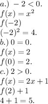 a.) \:  - 2 < 0. \\ f(x) = x {}^{2}  \\ f( - 2) \\ ( - 2) {}^{2}  = 4. \\ b.) \: 0 = 0. \\ f(x) = 2 \\ f(0) = 2. \\ c.) \:  2  0. \\ f(x) = 2x + 1 \\ f(2) + 1 \\ 4 + 1 = 5.