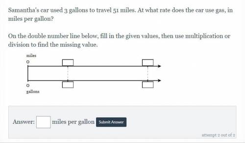 Samantha's car used 3 gallons to travel 51 miles. At what rate does the car use gas, in miles per g