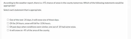 According to the weather report, there is a 4% chance of snow in the county tomorrow. Which of the