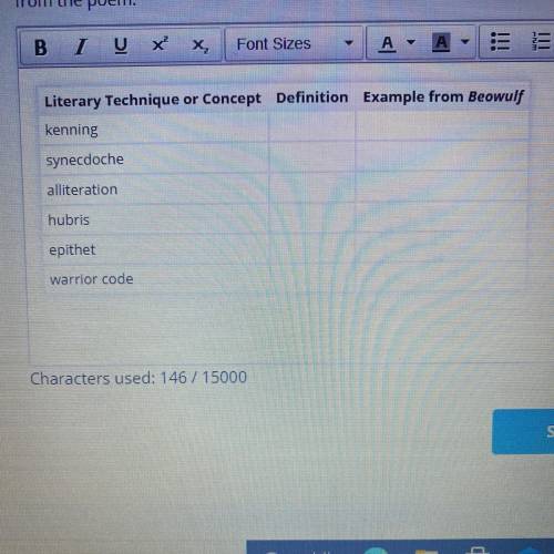 fill in the table with definitions of the literary techniques and concepts that occur in beowulf. m