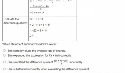 Which statement summarizes Moira’s work? She correctly found the average rate of change. She expand
