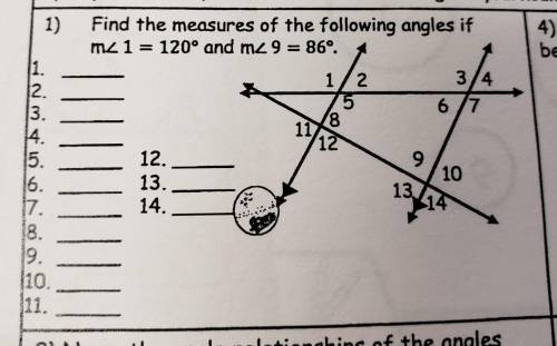 Find the measures of the following angles if angle 1 = 120° and angle 9 = 86º.