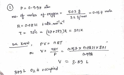 What volume is occupied by 5.03g of O2 at 28°C and a pressure of 0.998 atm
