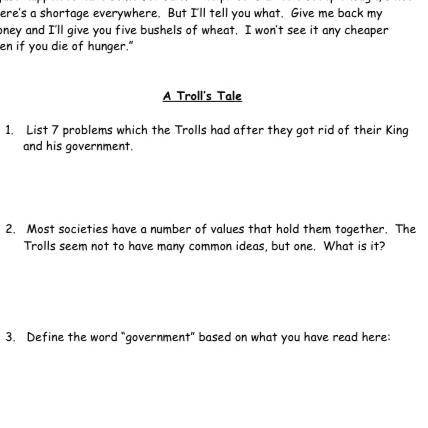A Troll's Tale

1. List 7 problems which the Trolls had after they got rid of their King
and his g