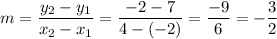 m= \dfrac{y_2-y_1}{x_2-x_1}= \dfrac{-2-7}{4-(-2)} =  \dfrac{-9}{6}= -\dfrac{3}{2}