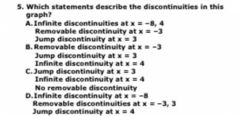 5. Which statements describe the discontinuities in this graph?

A. Infinite discontinuities at x