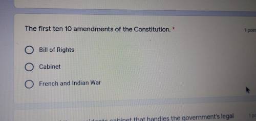 The first ten 10 amendments of the Constitution. * A. Bill of Rights B. Cabinet C. French and India